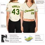 Custom Name and Number Personalized Womens Cropped Baseball Jersey in Cream Green-Gold V-Neck Design Personalized Women's