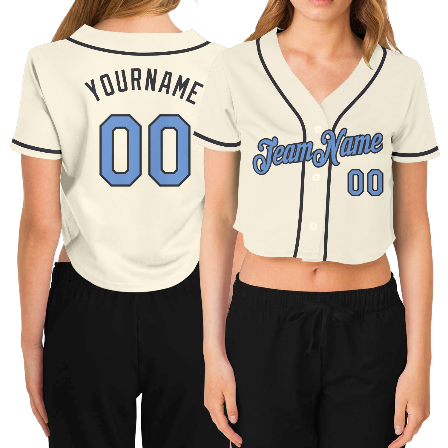 Custom Name Number Womens Baseball Jersey V-Neck Cropped Cream Light Blue Steel Gray Personalized Women's Cream Light Blue-Steel