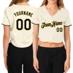 Custom Name & Number Personalized Womens Baseball Jersey Cream Navy Gold V-Neck Cropped Personalized Women's Cream Navy-Gold