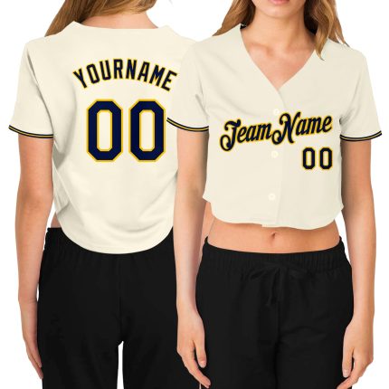 Custom Name & Number Personalized Womens Baseball Jersey Cream Navy Gold V-Neck Cropped Personalized Women's Cream Navy-Gold