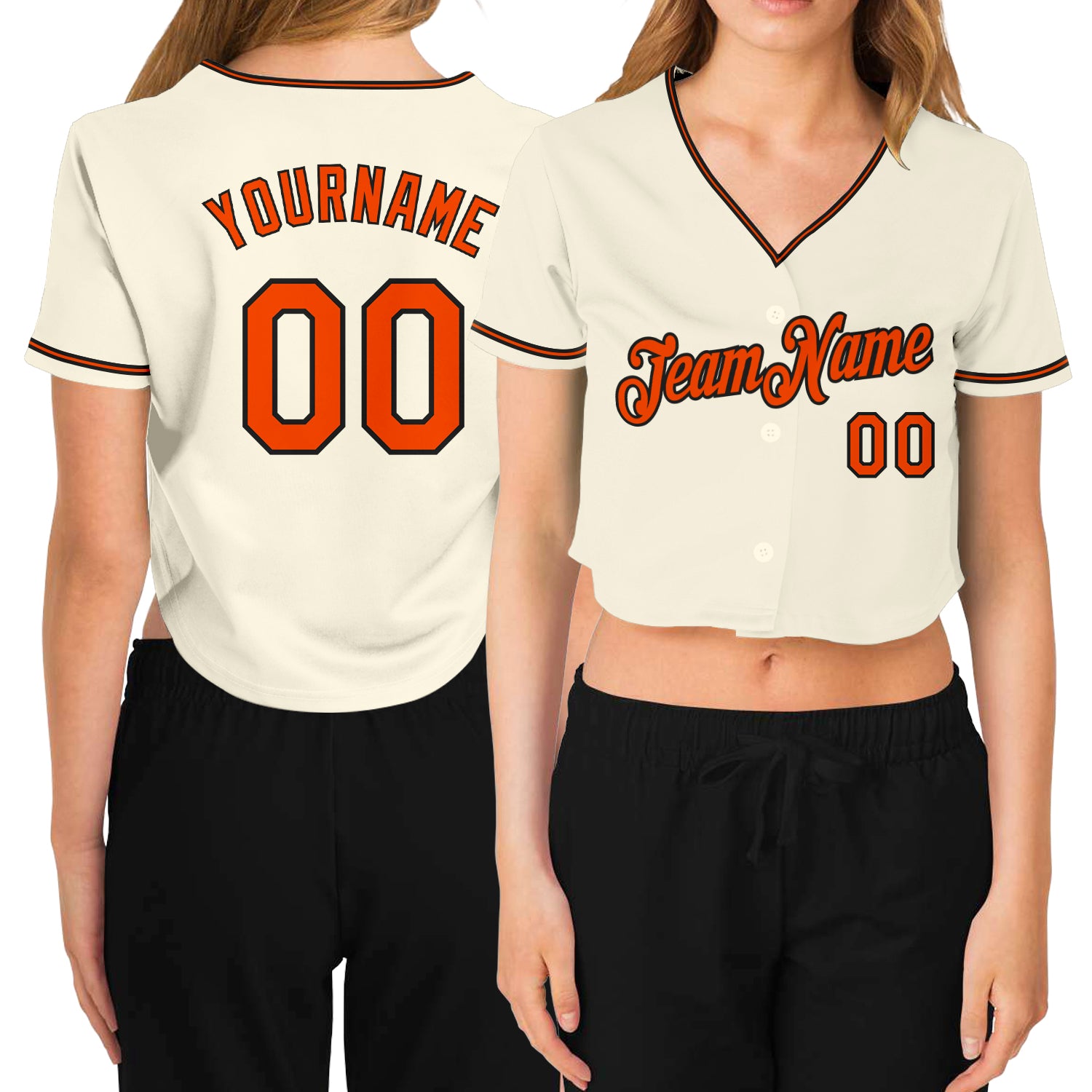 Custom Women's V-Neck Baseball Jersey Cream Orange Black with Personalized Name and Number Personalized Women's Cream Orange-Black