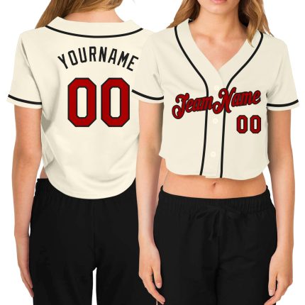 Personalized Womens Custom Name Number V-Neck Cropped Baseball Jersey in Cream Red-Black Personalized Women's Cream Red-Black