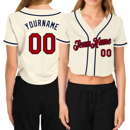 Personalized Womens Cream Red-Navy V-Neck Baseball Jersey - Cropped Style Personalized Women's Cream Red-Navy V-Neck Cropped