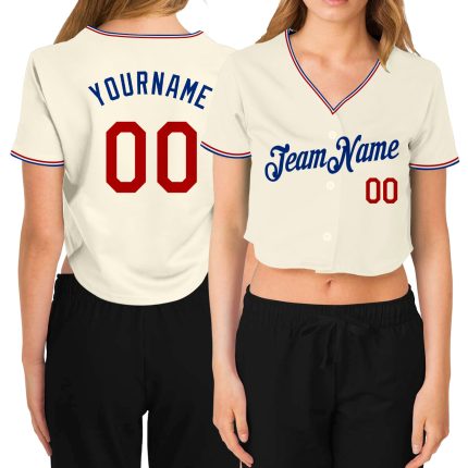 Personalized Womens V-Neck Cropped Baseball Jersey in Cream Red-Royal Personalized Women's Cream Red-Royal V-Neck Cropped