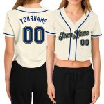 Custom Womens Cream Gold V-Neck Cropped Baseball Jersey with Personalized Name and Number Personalized Women's Cream Royal-Gold