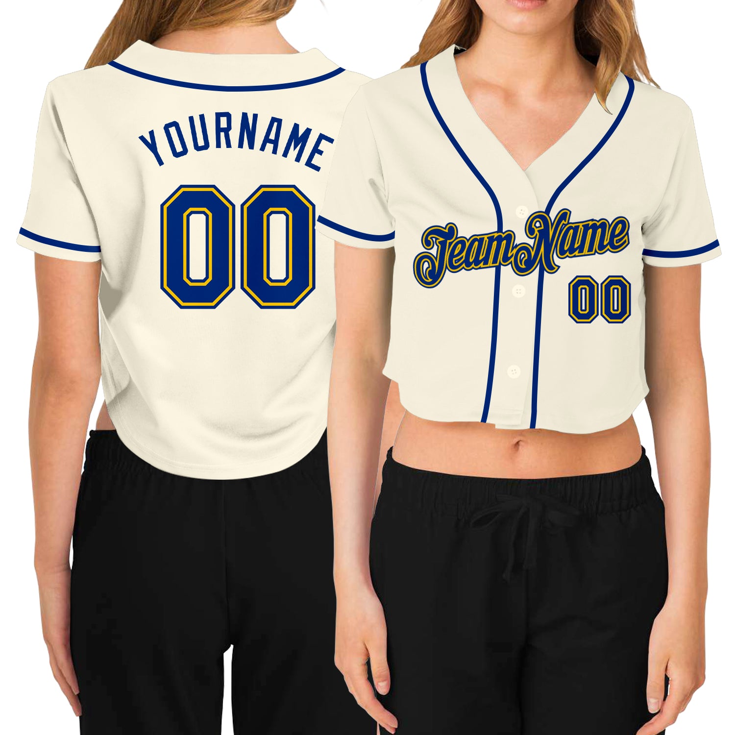 Custom Womens Cream Gold V-Neck Cropped Baseball Jersey with Personalized Name and Number Personalized Women's Cream Royal-Gold