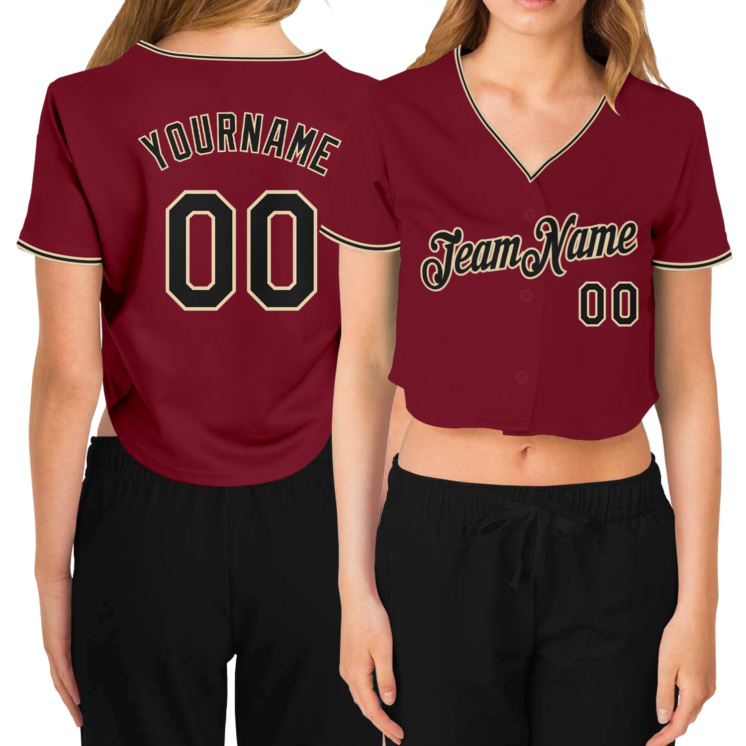 Custom Name Number Womens Crimson Black-Cream V-Neck Cropped Baseball Jersey Personalized Women's Crimson Black-Cream V-Neck