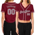 Custom Name Number Womens Crimson Gray-White V-Neck Cropped Baseball Jersey Personalized Women's Crimson Gray-White V-Neck