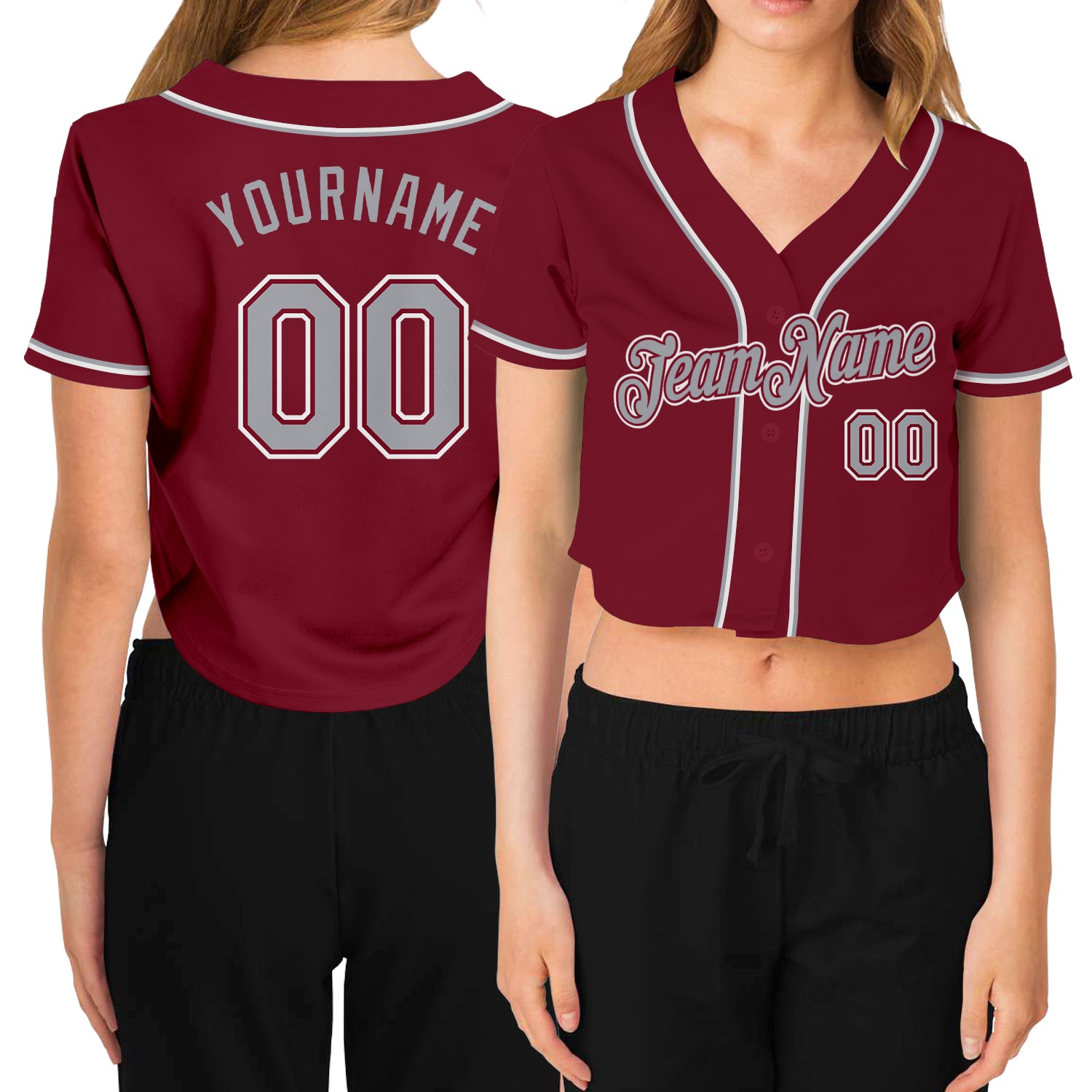 Custom Name Number Womens Crimson Gray-White V-Neck Cropped Baseball Jersey Personalized Women's Crimson Gray-White V-Neck
