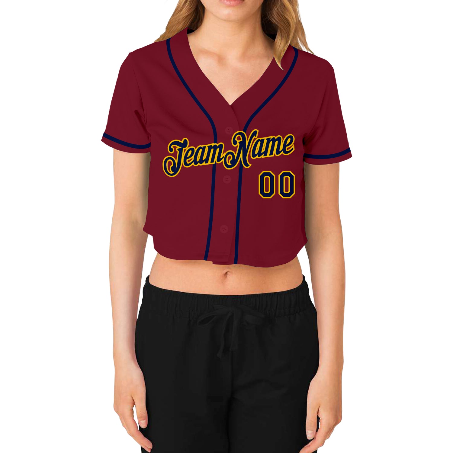 Personalized Women's Crimson Navy-Gold V-Neck Cropped Baseball Jersey Team Custom Name and Number Custom Team Name Number Womens Crimson Navy Gold V-Neck Cropped Baseball Jersey Personalized Women's Crimson Navy-Gold V-Neck - Image 2