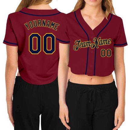 Custom Team Name Number Womens Crimson Navy Gold V-Neck Cropped Baseball Jersey Personalized Women's Crimson Navy-Gold V-Neck