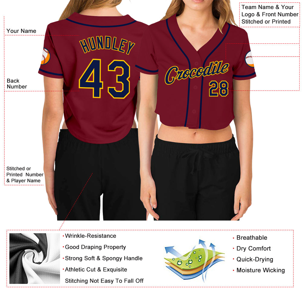 Personalized Women's Crimson Navy-Gold V-Neck Cropped Baseball Jersey Team Custom Name and Number Custom Team Name Number Womens Crimson Navy Gold V-Neck Cropped Baseball Jersey Personalized Women's Crimson Navy-Gold V-Neck - Image 3