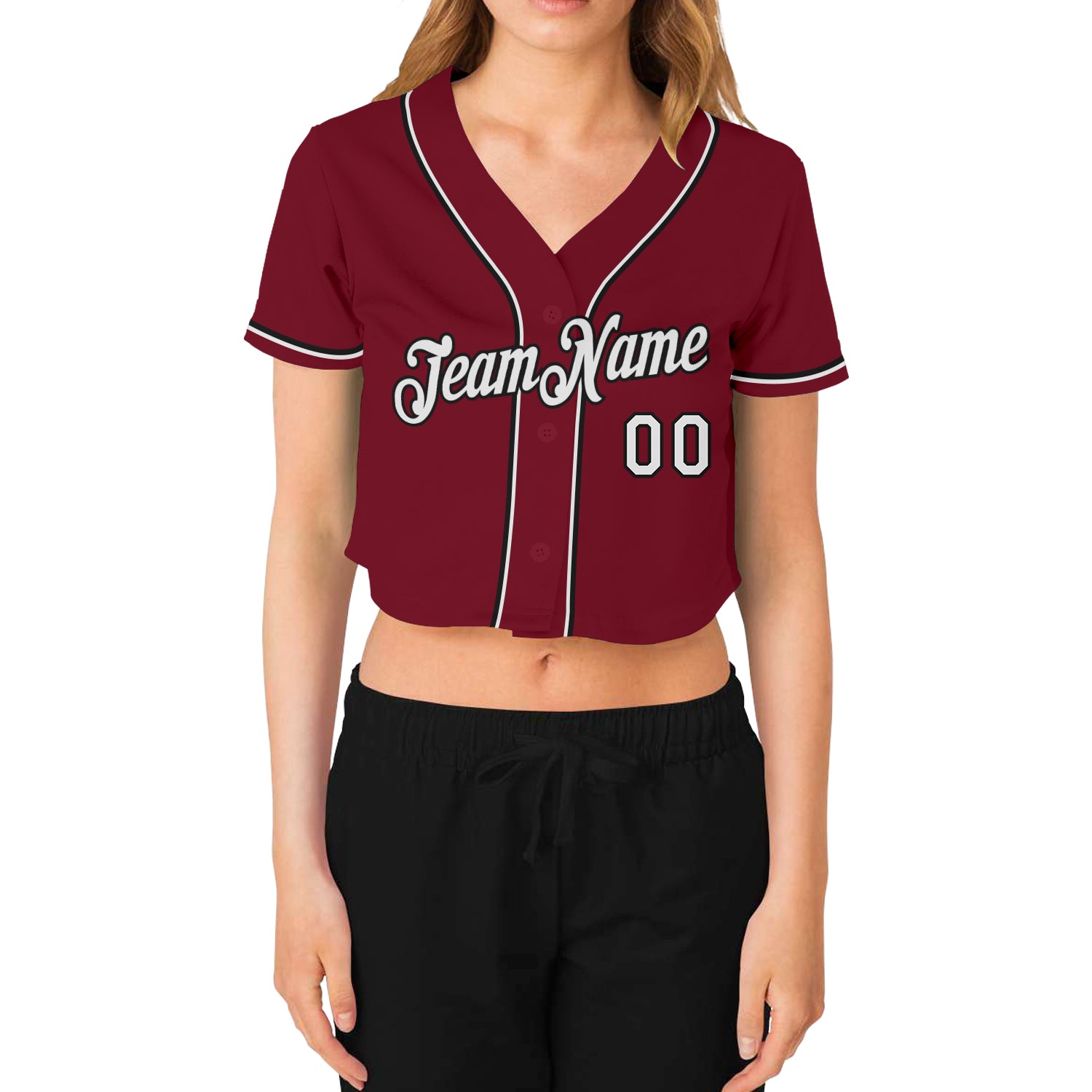 Personalized Women's Crimson White-Black V-Neck Cropped Baseball Jersey Team Custom Name and Number Custom Womens Crimson White-Black V-Neck Baseball Jersey with Personalized Name & Number - Team Apparel Personalized Women's - Image 2