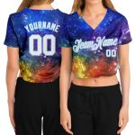 Custom Name and Number Womens 3D V-Neck Cropped Baseball Jersey in Galactic White-Light Blue Personalized Women's Galactic