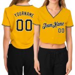 Personalized Womens Gold Black-White Baseball Jersey with Custom Name and Number - V-Neck Cropped Team Shirt Personalized