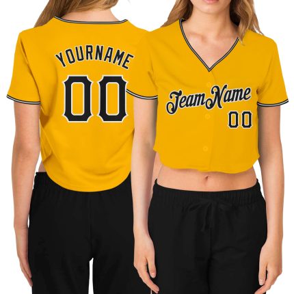 Personalized Womens Gold Black-White Baseball Jersey with Custom Name and Number - V-Neck Cropped Team Shirt Personalized