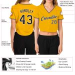 Personalized Womens Gold Black-White Baseball Jersey with Custom Name and Number - V-Neck Cropped Team Shirt Personalized