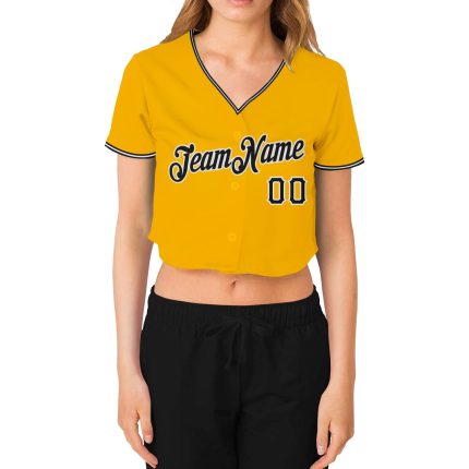 Personalized Womens Gold Black-White Baseball Jersey with Custom Name and Number - V-Neck Cropped Team Shirt Personalized