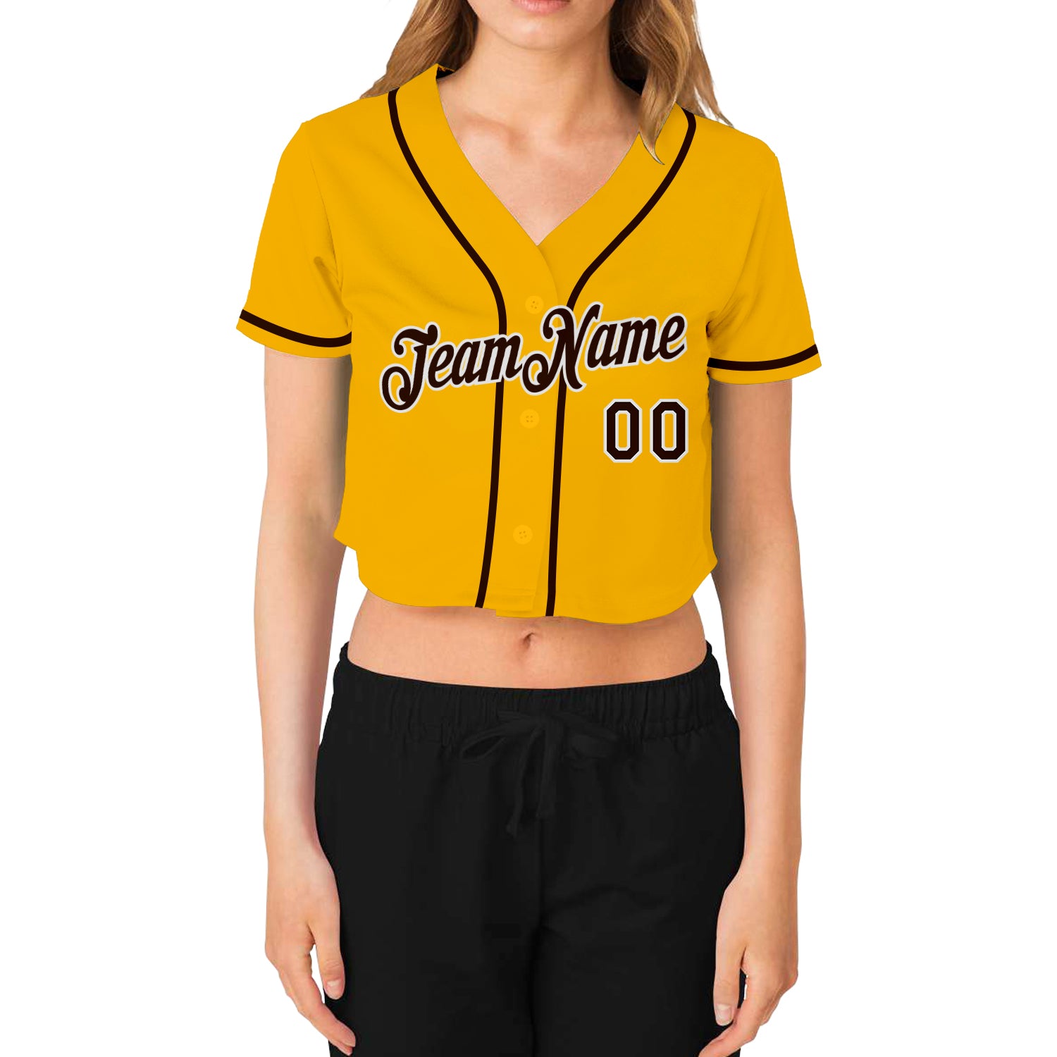Personalized Women's Gold Brown-White V-Neck Cropped Baseball Jersey Team Custom Name and Number Custom Name Number Womens V-Neck Baseball Jersey Gold Brown White Cropped Personalized Women's Gold Brown-White V-Neck Cropped - Image 2