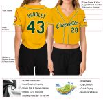 Custom Womens Gold Green-White V-Neck Cropped Baseball Jersey with Personalized Name and Number Personalized Women's Gold