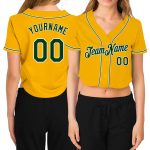 Custom Womens Gold Green-White V-Neck Cropped Baseball Jersey with Personalized Name and Number Personalized Women's Gold