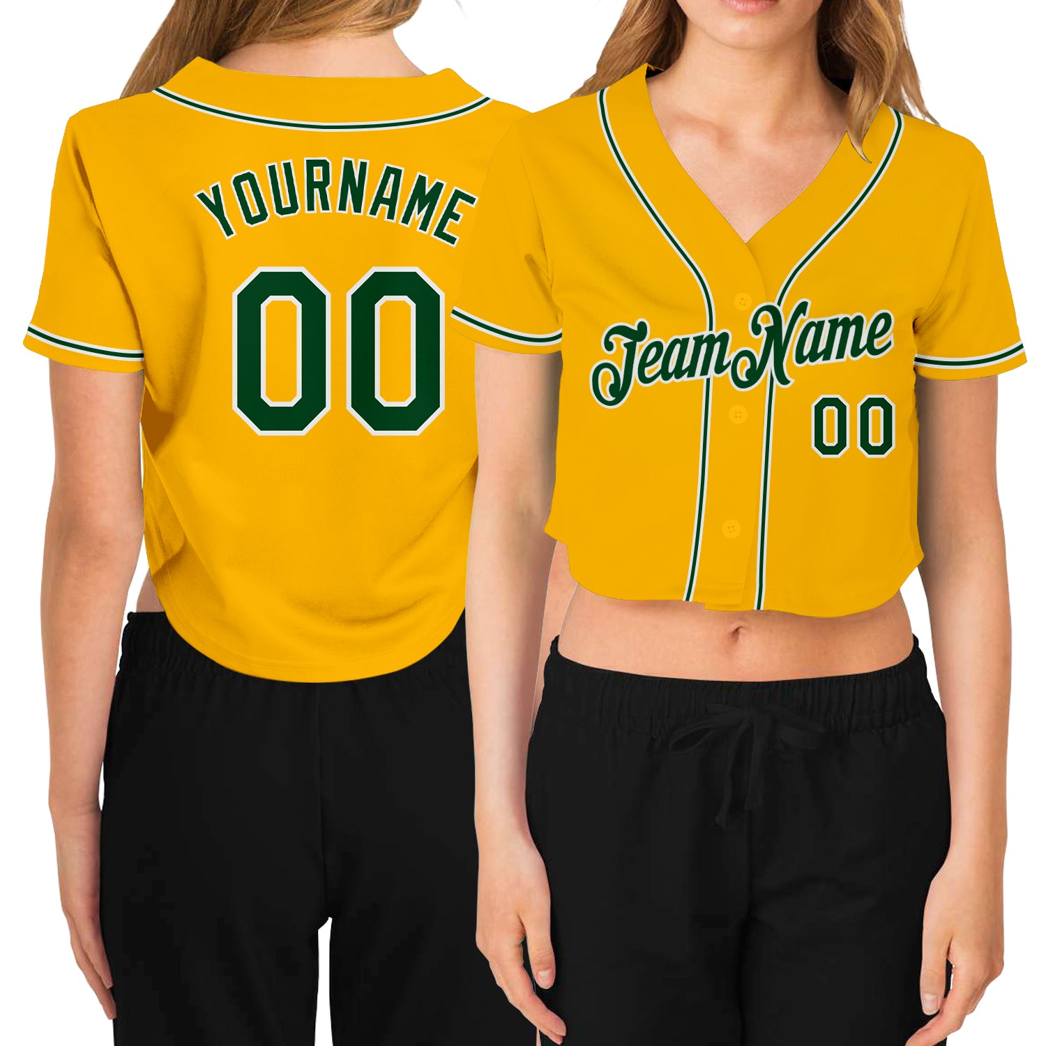 Custom Womens Gold Green-White V-Neck Cropped Baseball Jersey with Personalized Name and Number Personalized Women's Gold
