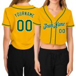 Personalized Gold Womens V-Neck Cropped Baseball Jersey with Custom Name & Number - Kelly Green & White Team Apparel Personalized