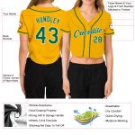 Personalized Gold Womens V-Neck Cropped Baseball Jersey with Custom Name & Number - Kelly Green & White Team Apparel Personalized