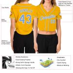 Personalized Womens Gold Baseball Jersey with Custom Name & Number, Light Blue-White V-Neck Cropped Design Personalized Women's