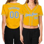 Personalized Womens Gold Baseball Jersey with Custom Name & Number, Light Blue-White V-Neck Cropped Design Personalized Women's