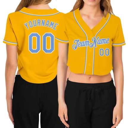 Personalized Womens Gold Baseball Jersey with Custom Name & Number, Light Blue-White V-Neck Cropped Design Personalized Women's