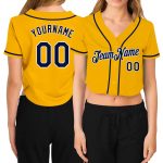 Custom Name Number Cropped V-Neck Baseball Jersey for Women - Personalized Gold Navy White Team Jersey Personalized Women's
