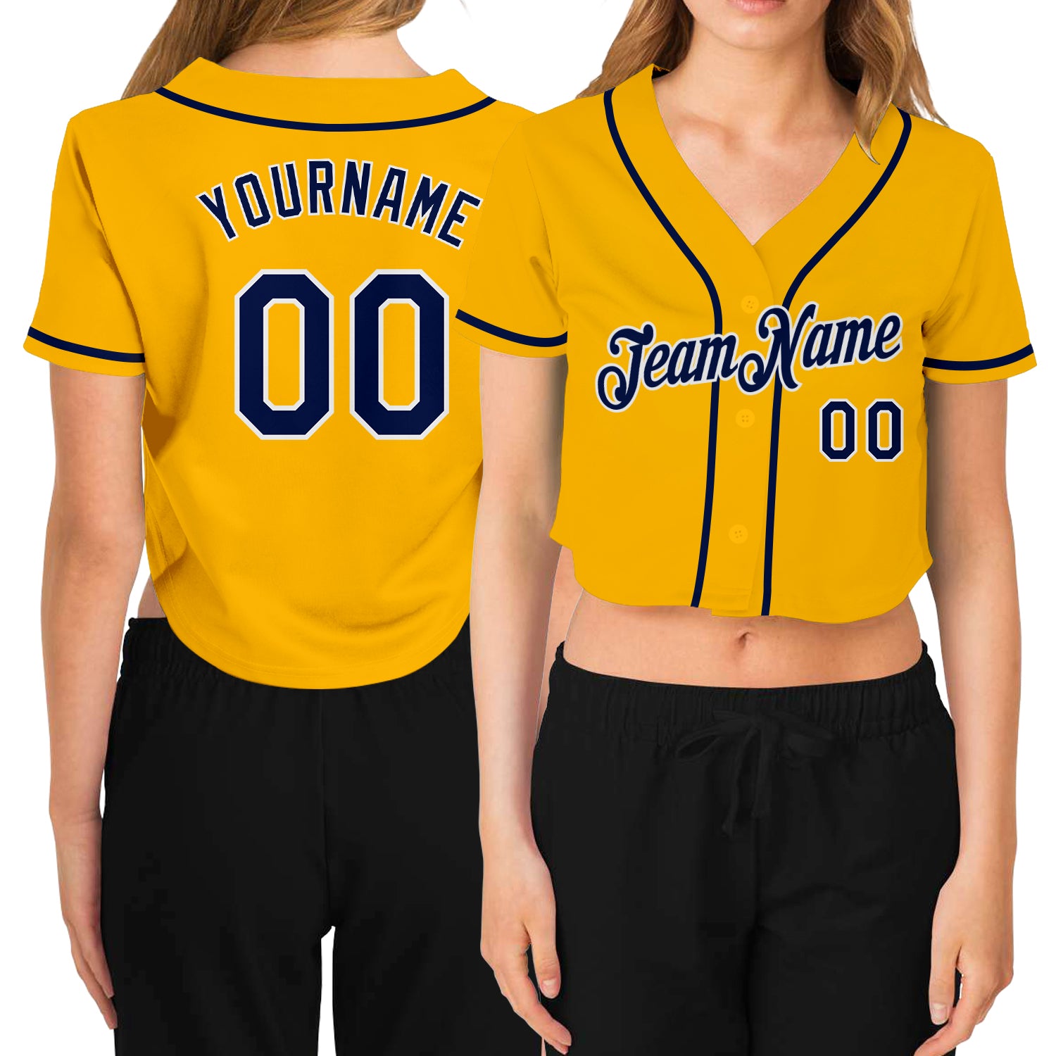 Custom Name Number Cropped V-Neck Baseball Jersey for Women - Personalized Gold Navy White Team Jersey Personalized Women's