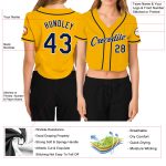Custom Name Number Cropped V-Neck Baseball Jersey for Women - Personalized Gold Navy White Team Jersey Personalized Women's