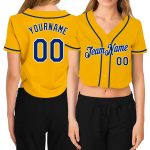 Custom Name Number Womens Gold White V-Neck Cropped Baseball Jersey - Personalized Team Apparel Personalized Women's Gold