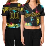 Personalized Black-Gold Graffiti 3D V-Neck Cropped Baseball Jersey for Women - Custom Name and Number Personalized Women's