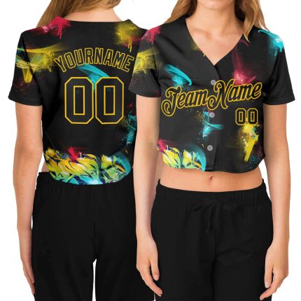 Personalized Black-Gold Graffiti 3D V-Neck Cropped Baseball Jersey for Women - Custom Name and Number Personalized Women's