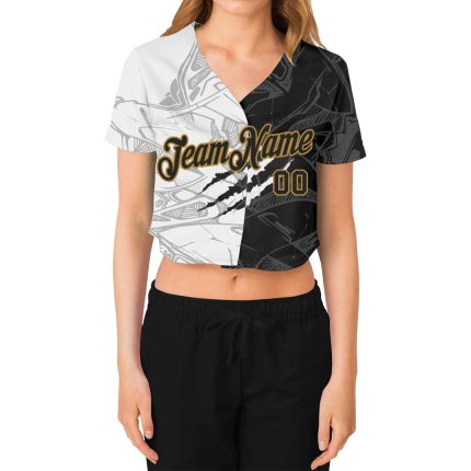 Custom Name Number Womens Graffiti 3D V-Neck Cropped Black and Old Gold Baseball Jersey - Personalized Team Apparel Personalized