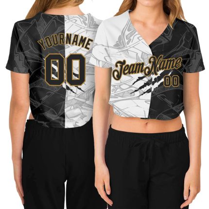 Custom Name Number Womens Graffiti 3D V-Neck Cropped Black and Old Gold Baseball Jersey - Personalized Team Apparel Personalized