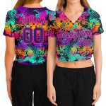 Custom Name & Number Women's Neon Graffiti 3D V-Neck Cropped Baseball Jersey - Purple-Pink Team Apparel Personalized Women's