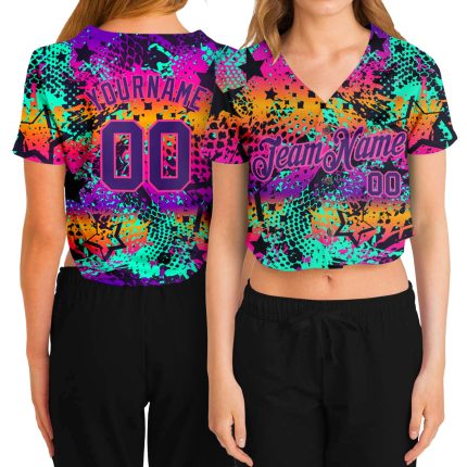 Custom Name & Number Women's Neon Graffiti 3D V-Neck Cropped Baseball Jersey - Purple-Pink Team Apparel Personalized Women's