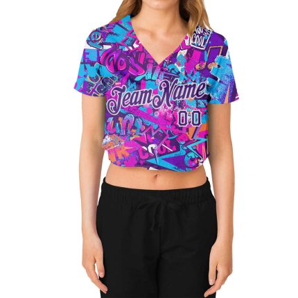 Custom Name & Number Womens 3D V-Neck Cropped Baseball Jersey, Purple-White Graffiti Pattern Personalized Women's Graffiti