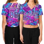 Custom Name & Number Womens 3D V-Neck Cropped Baseball Jersey, Purple-White Graffiti Pattern Personalized Women's Graffiti