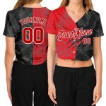 Custom Name & Number Red-White Graffiti Pattern 3D V-Neck Cropped Baseball Jersey for Women Personalized Women's Graffiti
