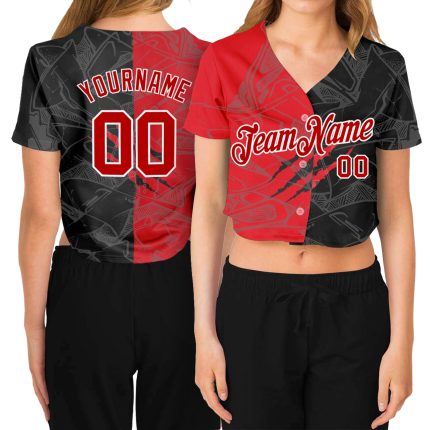 Custom Name & Number Red-White Graffiti Pattern 3D V-Neck Cropped Baseball Jersey for Women Personalized Women's Graffiti