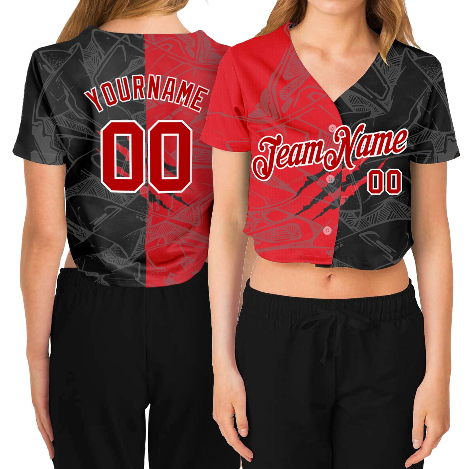 Custom Name & Number Red-White Graffiti Pattern 3D V-Neck Cropped Baseball Jersey for Women Personalized Women's Graffiti
