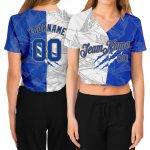 Custom Name and Number Womens Graffiti Pattern V-Neck Cropped Baseball Jersey in Royal Gold Scratch Design Personalized Women's