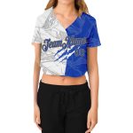 Custom Name and Number Womens Graffiti Pattern V-Neck Cropped Baseball Jersey in Royal Gold Scratch Design Personalized Women's