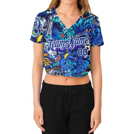 Personalized Womens Cropped Baseball Jersey 3D V-Neck Urban Street Art Graffiti Pattern Custom Name and Number in Royal White