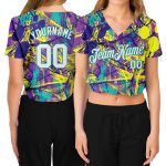 Custom Name Number Graffiti Pattern Womens 3D V-Neck Cropped Baseball Jersey White Aqua Urban Style Personalized Women's